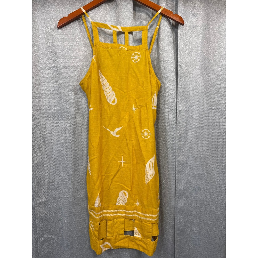 Celandine Women Maize Yellow Nautical Shell Print Linen Mini Dress‎ XXS New